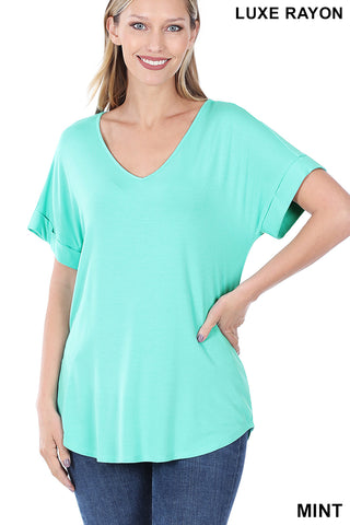 4160 1/4S Cuffed V Neck Round Hem TOP in MINT