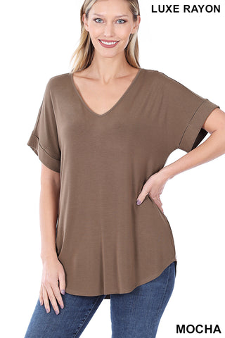 4161 1/4S Cuffed V Neck Round Hem TOP in MOCHA