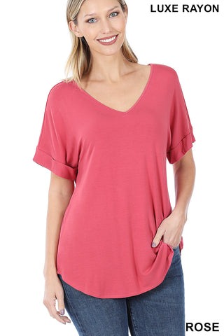 4162  1/4S Cuffed V Neck Round Hem TOP in ROSE