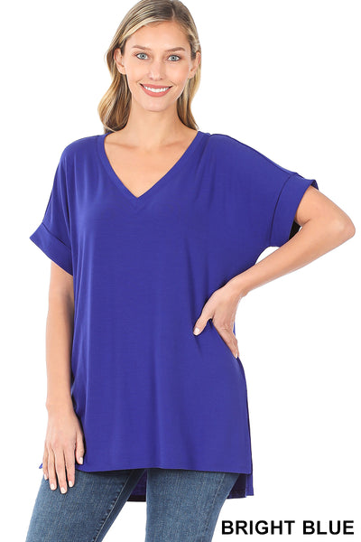4170 1/4S Rolled V Neck HiLo Side Slit TOP in BRIGHT BLUE