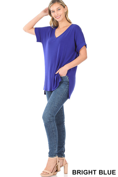 4170 1/4S Rolled V Neck HiLo Side Slit TOP in BRIGHT BLUE