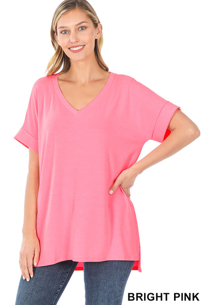 4171 1/4S Rolled V Neck HiLo Side Slit TOP in BRIGHT PINK