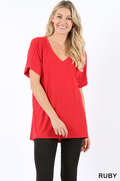 4172 1/4S Rolled V Neck HiLo Side Slit TOP in RUBY