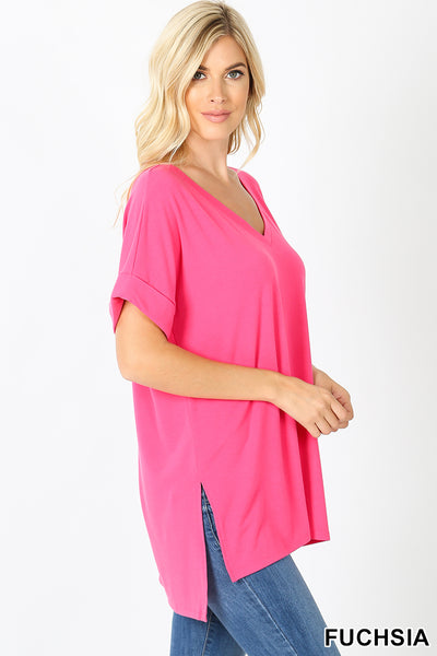 4173 1/4S Rolled V Neck HiLo Side Slit TOP in FUCHSIA