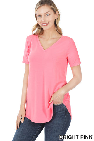 4174 1/4S V Neck Round Hem TOP in BRIGHT PINK