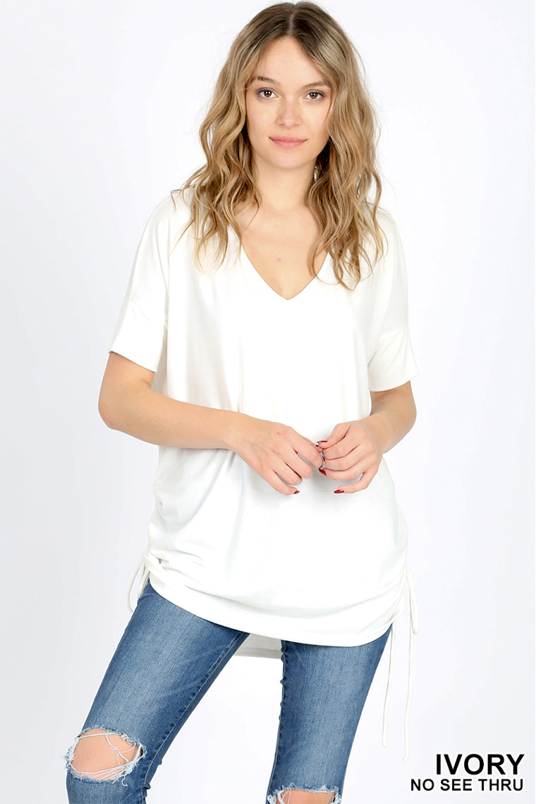 4183 1/4S V Neck DBL Ruched TOP in IVORY