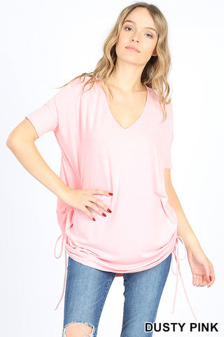4184 1/4S V Neck DBL Ruched TOP in DUSTY PINK