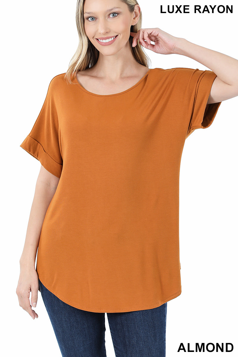 4193 1/4S Cuffed B Neck Round Hem TOP in ALMOND