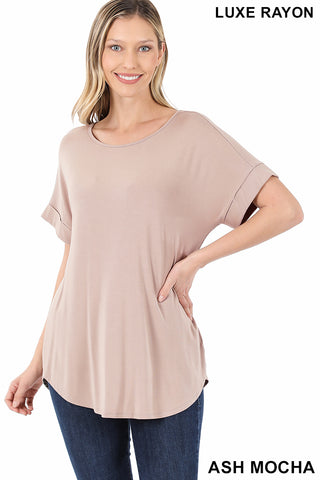 4194 1/4S Cuffed B Neck Round Hem TOP in ASH MOCHA