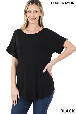 4195 1/4S Cuffed B Neck Round Hem TOP in BLACK