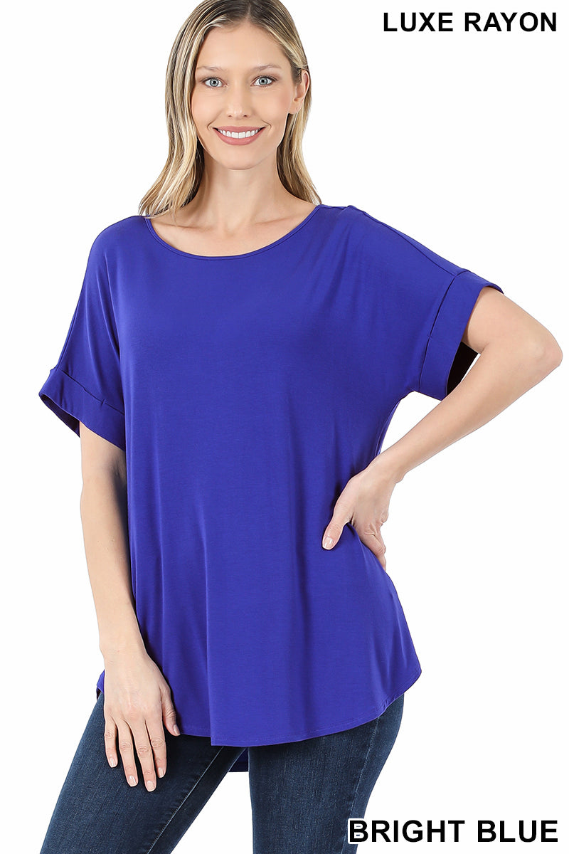 4196 1/4S Cuffed B Neck Round Hem TOP in BRIGHT BLUE