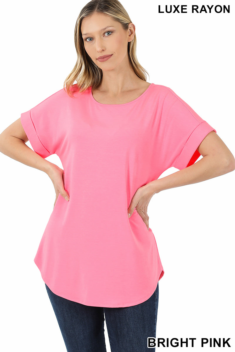 4197 1/4S Cuffed B Neck Round Hem TOP in BRIGHT PINK