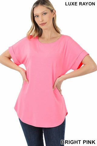 4197 1/4S Cuffed B Neck Round Hem TOP in BRIGHT PINK