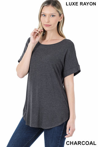 4198 1/4S Cuffed B Neck Round Hem TOP in CHARCOAL