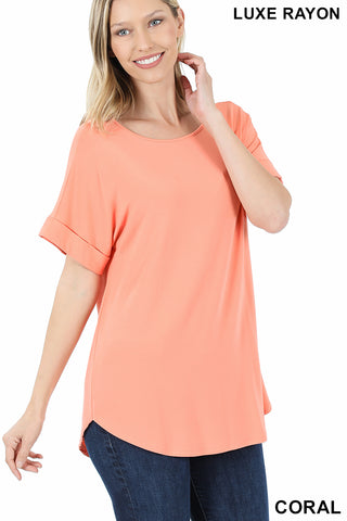 4199 1/4S Cuffed B Neck Round Hem TOP in CORAL