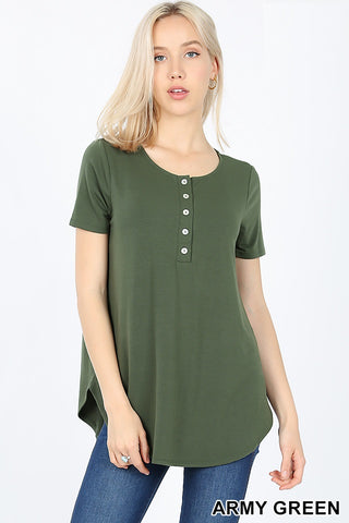 4203 1/4S Henley Shell Button TOP in ARMY GREEN HZ-Z99