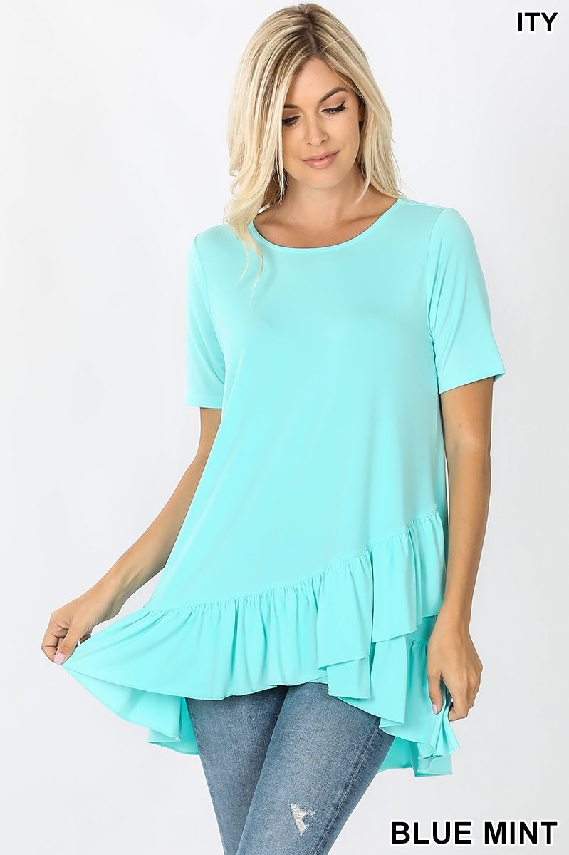 4253 1/4S Overlap Ruffle Bottom TOP in BLUE MINT