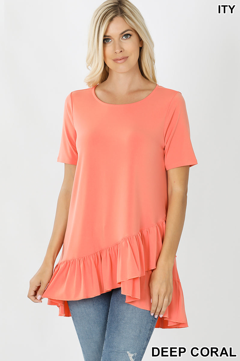 4254 1/4S Overlap Ruffle Bottom TOP in DEEP CORAL