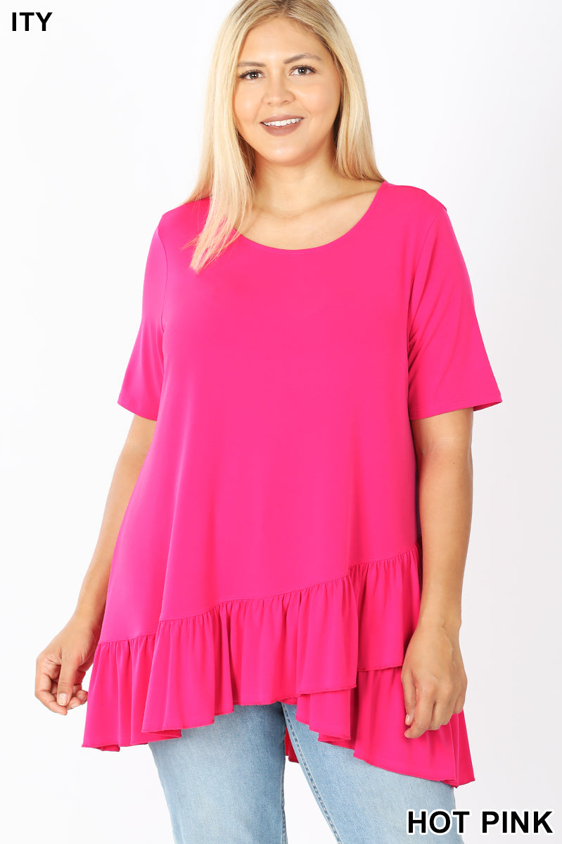 4255 1/4S Overlap Ruffle Bottom TOP in HOT PINK
