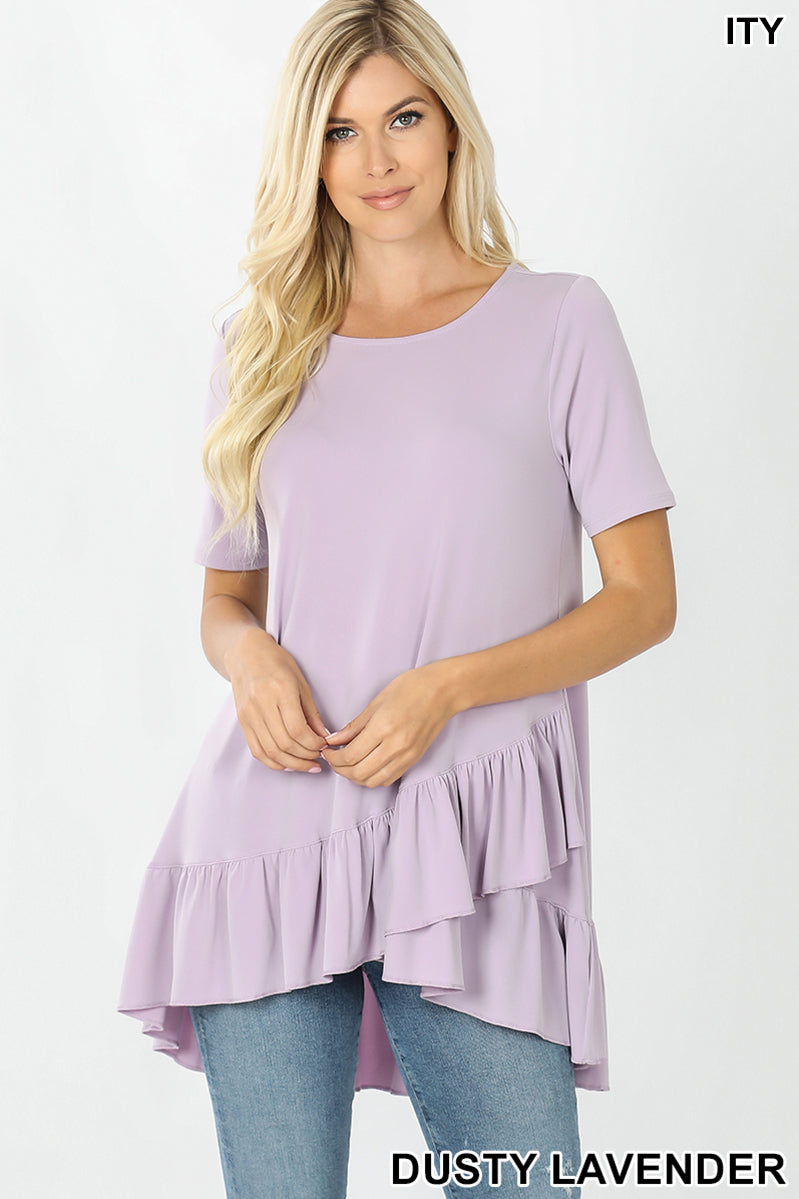 4256 1/4S Overlap Ruffle Bottom TOP in DUSTY LAVENDER