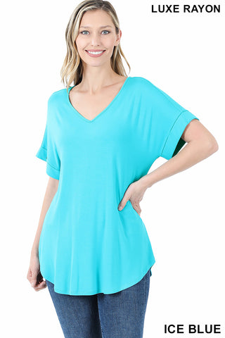 4323 1/4S Cuffed V Neck Round Hem TOP in ICE BLUE
