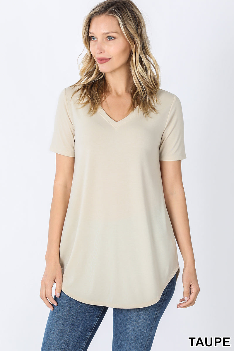 4367 1/4S V Neck Round Hem TOP in TAUPE