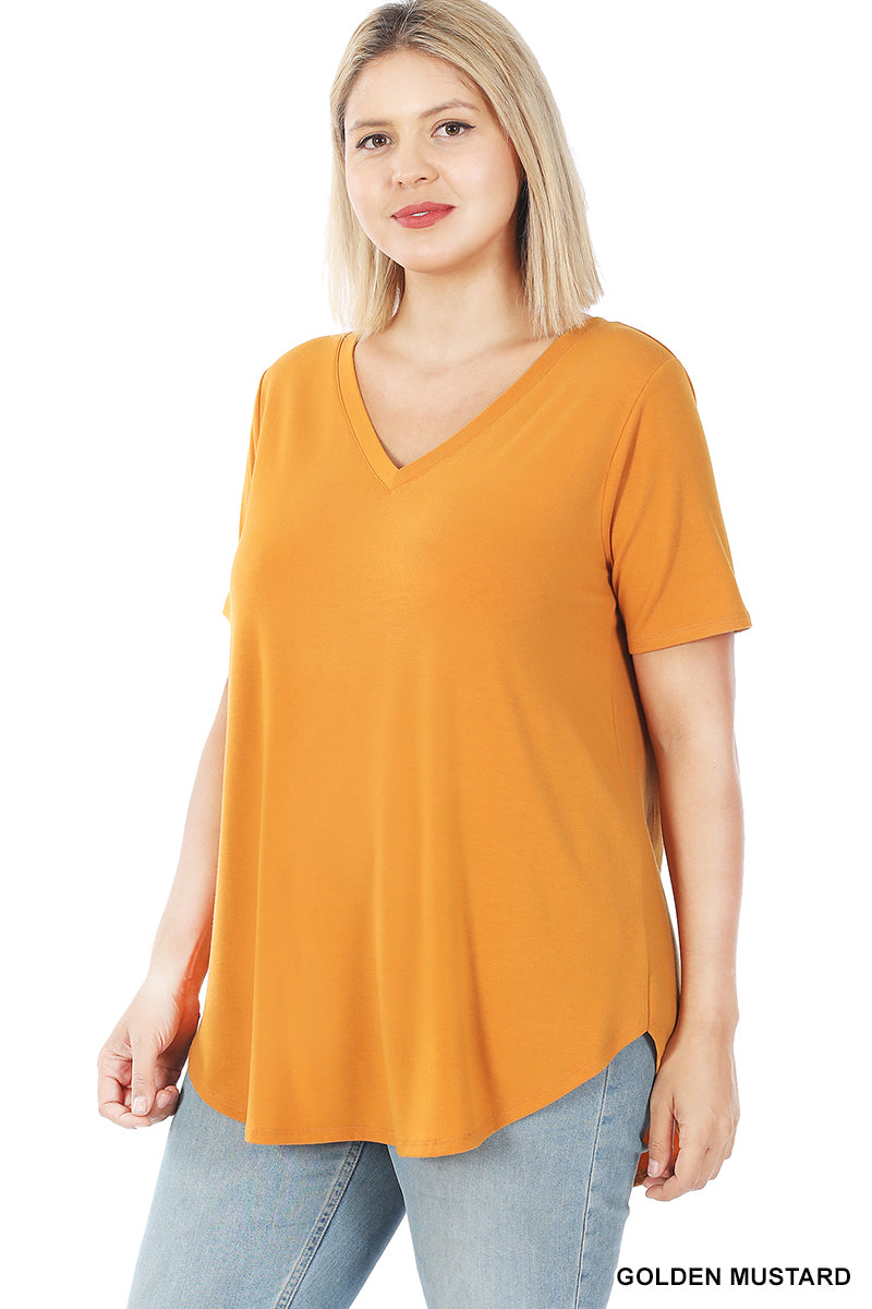 4371 1/4S V Neck Round Hem TOP in GOLDEN MUSTARD
