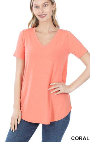 4374 1/4S V Neck Round Hem TOP in CORAL