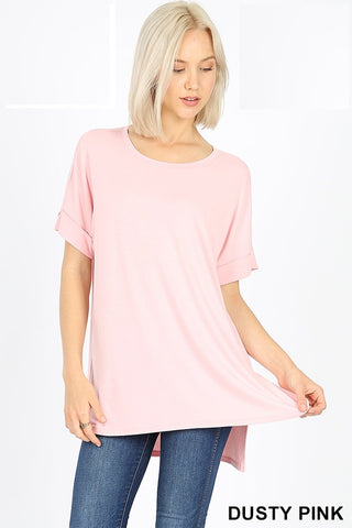 4377 1/4S Rolled R Neck HiLo Side Slit TOP in DUSTY PINK