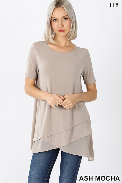 4435 1/4S Overlap Chiffon TOP in ASH MOCHA