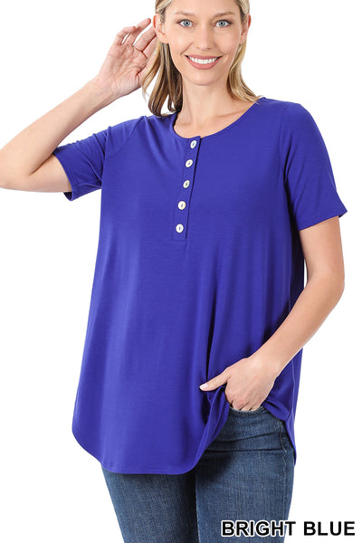 4442 1/4S Henley Shell Button TOP in BRIGHT BLUE