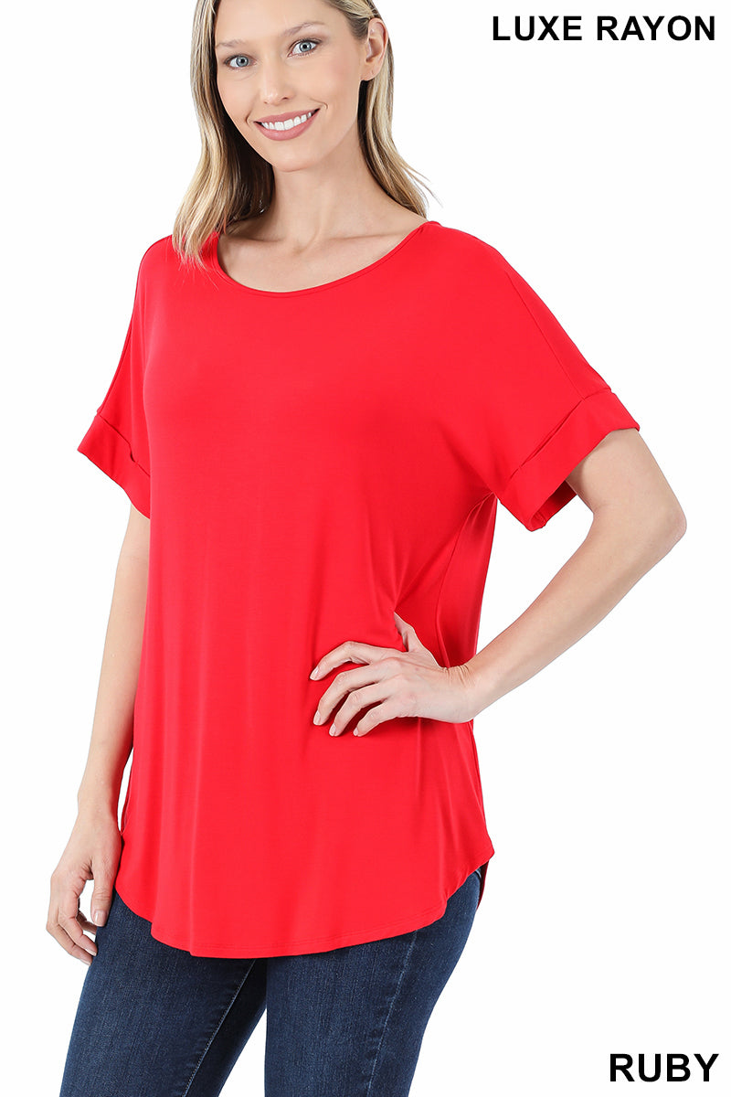 4447 1/4S Cuffed B Neck Round Hem TOP in RUBY