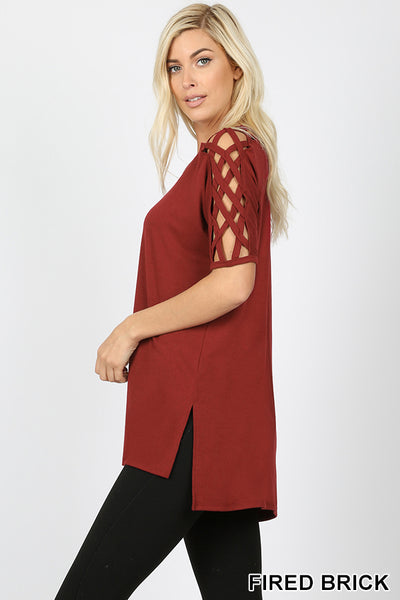 4545 1/4S Criss Cross Shoulder HiLo Hem TOP in FIRED BRICK