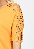 4548 1/4S Criss Cross Shoulder HiLo Hem TOP in ASH MUSTARD