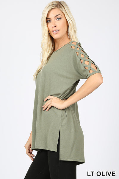 4550 1/4S Criss Cross Shoulder HiLo Hem TOP in LT OLIVE