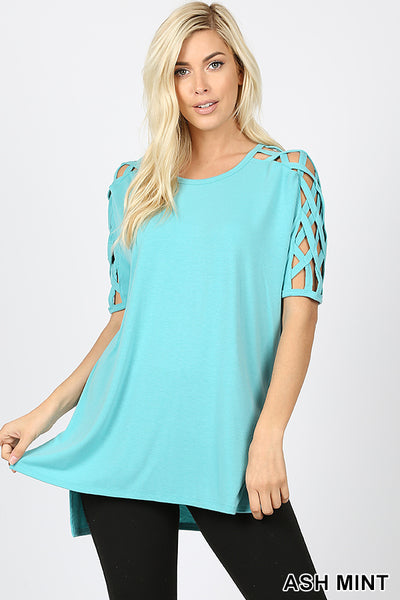 4551 1/4S Criss Cross Shoulder HiLo Hem TOP in ASH MINT