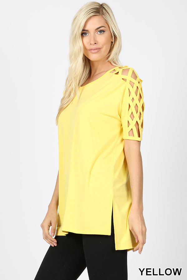 4552 1/4S Criss Cross Shoulder HiLo Hem TOP in YELLOW