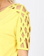 4552 1/4S Criss Cross Shoulder HiLo Hem TOP in YELLOW