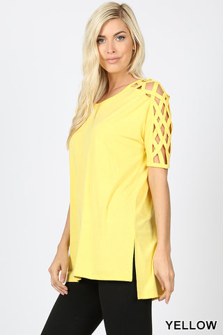 4552 1/4S Criss Cross Shoulder HiLo Hem TOP in YELLOW