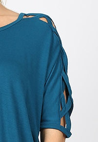 4554 1/4S Criss Cross Shoulder HiLo Hem TOP in TEAL