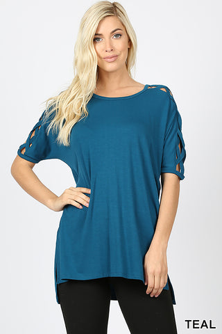 4554 1/4S Criss Cross Shoulder HiLo Hem TOP in TEAL
