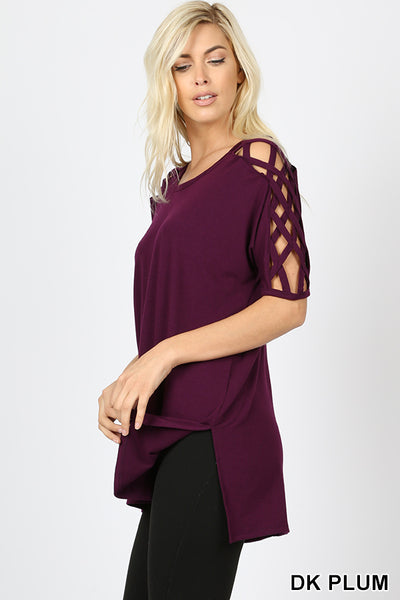 4555 1/4S Criss Cross Shoulder HiLo Hem TOP in DK PLUM