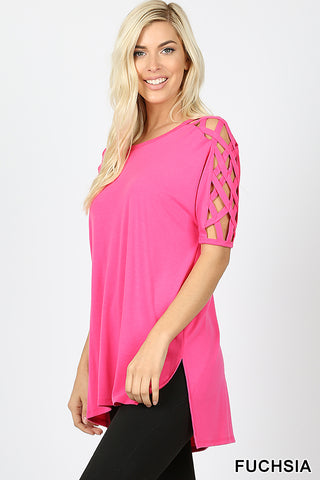 4556 1/4S Criss Cross Shoulder HiLo Hem TOP in FUCHSIA