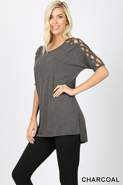 4557 1/4S Criss Cross Shoulder HiLo Hem TOP in CHARCOAL