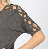 4557 1/4S Criss Cross Shoulder HiLo Hem TOP in CHARCOAL