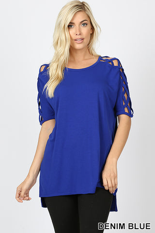 4559 1/4S Criss Cross Shoulder HiLo Hem TOP in DENIM BLUE