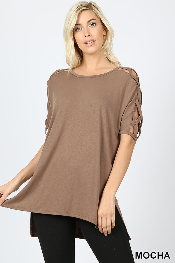 4560 1/4S Criss Cross Shoulder HiLo Hem TOP in MOCHA