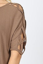 4560 1/4S Criss Cross Shoulder HiLo Hem TOP in MOCHA