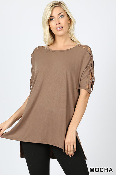 4560 1/4S Criss Cross Shoulder HiLo Hem TOP in MOCHA