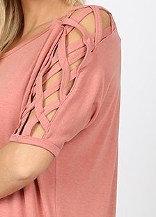 4561 1/4S Criss Cross Shoulder HiLo Hem TOP in ASH ROSE